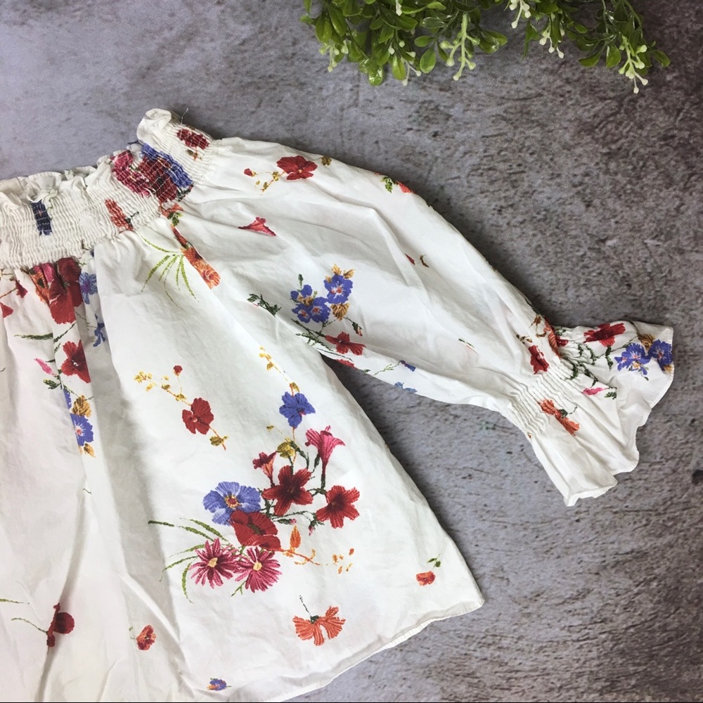 Zara White Rouched Floral Flounce Sleeve Blouse